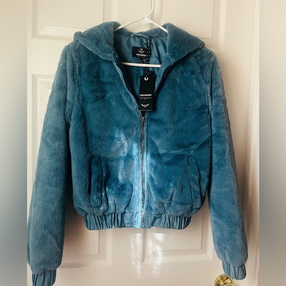 NWT Threadbare hooded faux fur zip through bomber jacket in blue